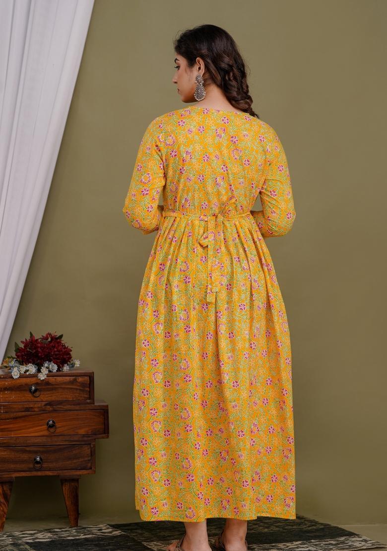 Yellow Printed Cotton Maternity Maxi Dress - Indya