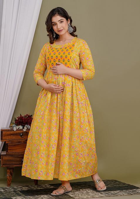 Yellow Printed Cotton Maternity Maxi Dress