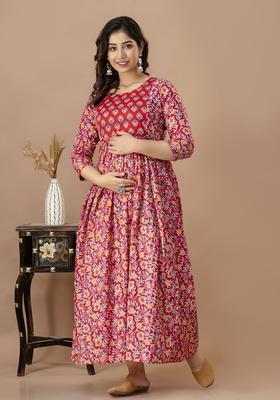 Pink Printed Cotton Maternity Maxi Dress