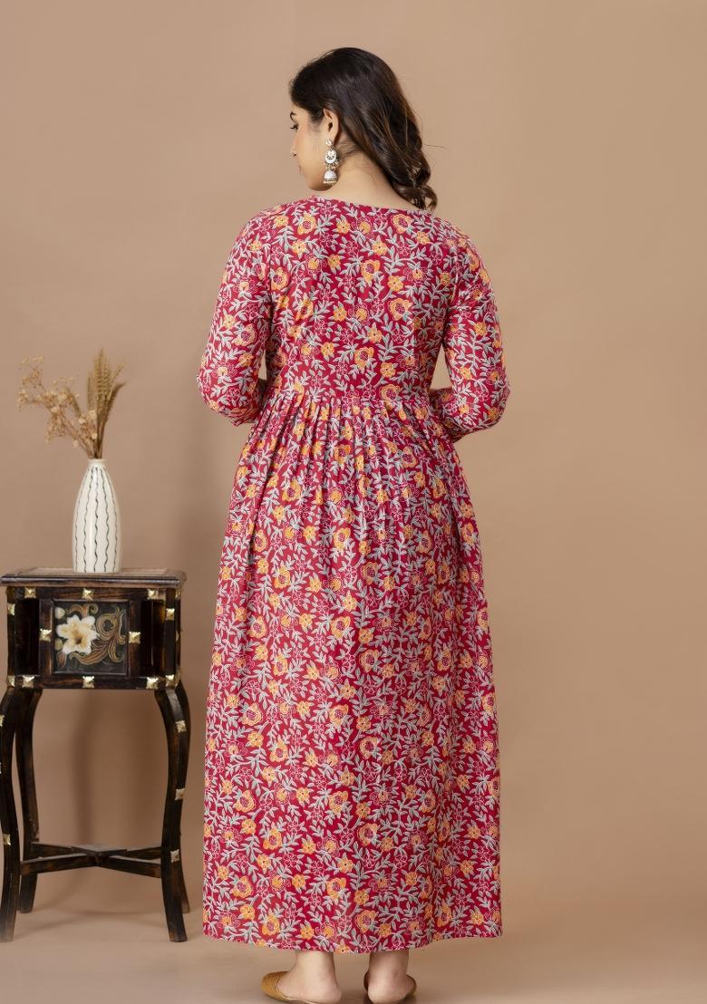 Pink Printed Cotton Maternity Maxi Dress - Indya