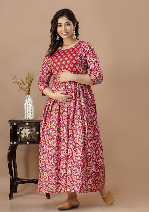 Pink Printed Cotton Maternity Maxi Dress