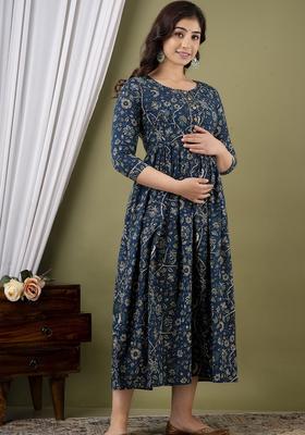 Teal Blue Printed Cotton Maternity Maxi Dress