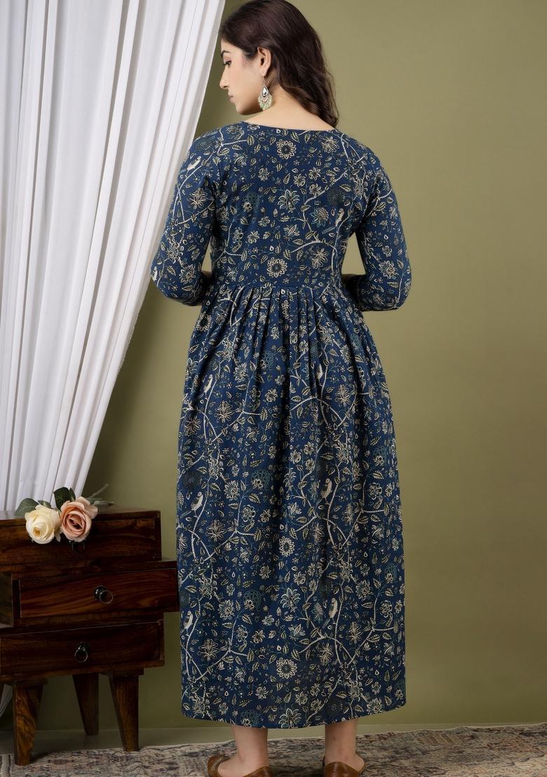 Teal Blue Printed Cotton Maternity Maxi Dress - Indya