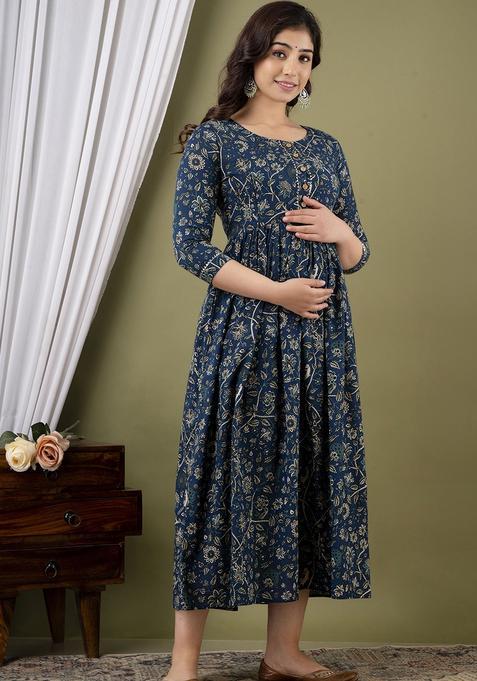 Teal Blue Printed Cotton Maternity Maxi Dress