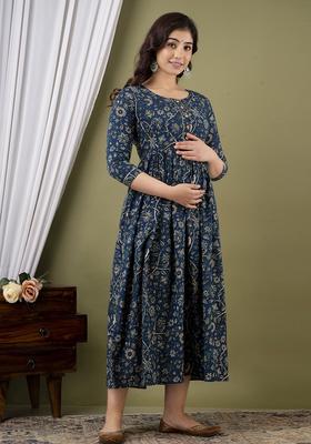 Orange Printed Cotton Maternity Maxi Dress