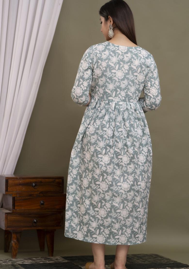 Olive Printed Cotton Maternity Maxi Dress - Indya