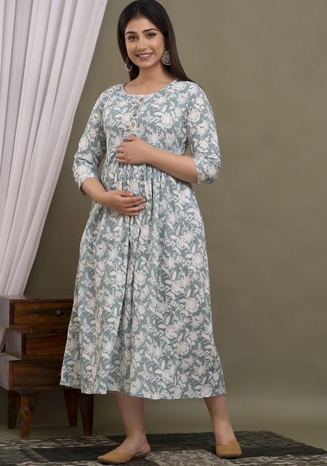 Olive Printed Cotton Maternity Maxi Dress