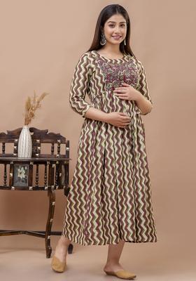 Maroon Printed Cotton Maternity Maxi Dress