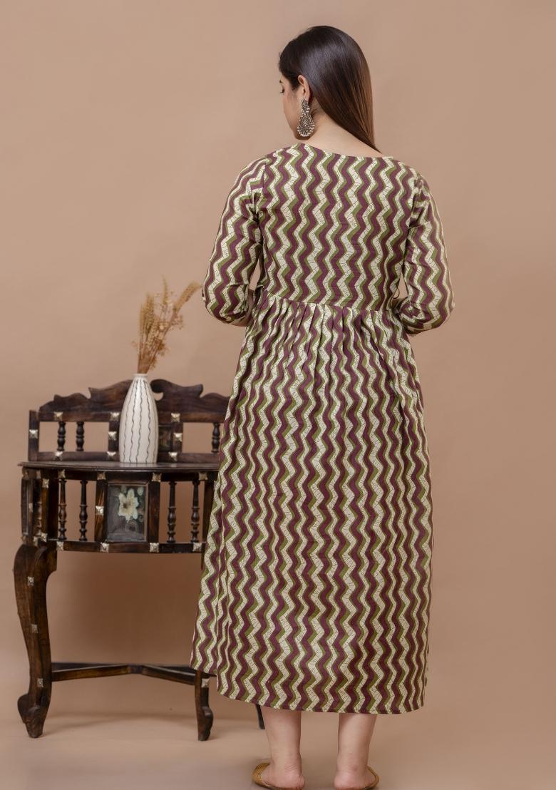 Maroon Printed Cotton Maternity Maxi Dress - Indya