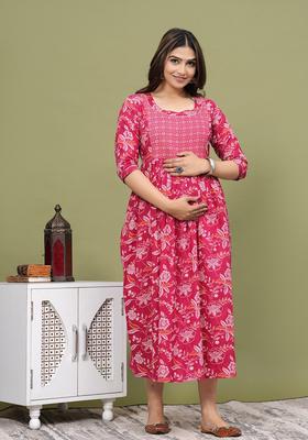 Pink Printed Cotton Maternity Maxi Dress