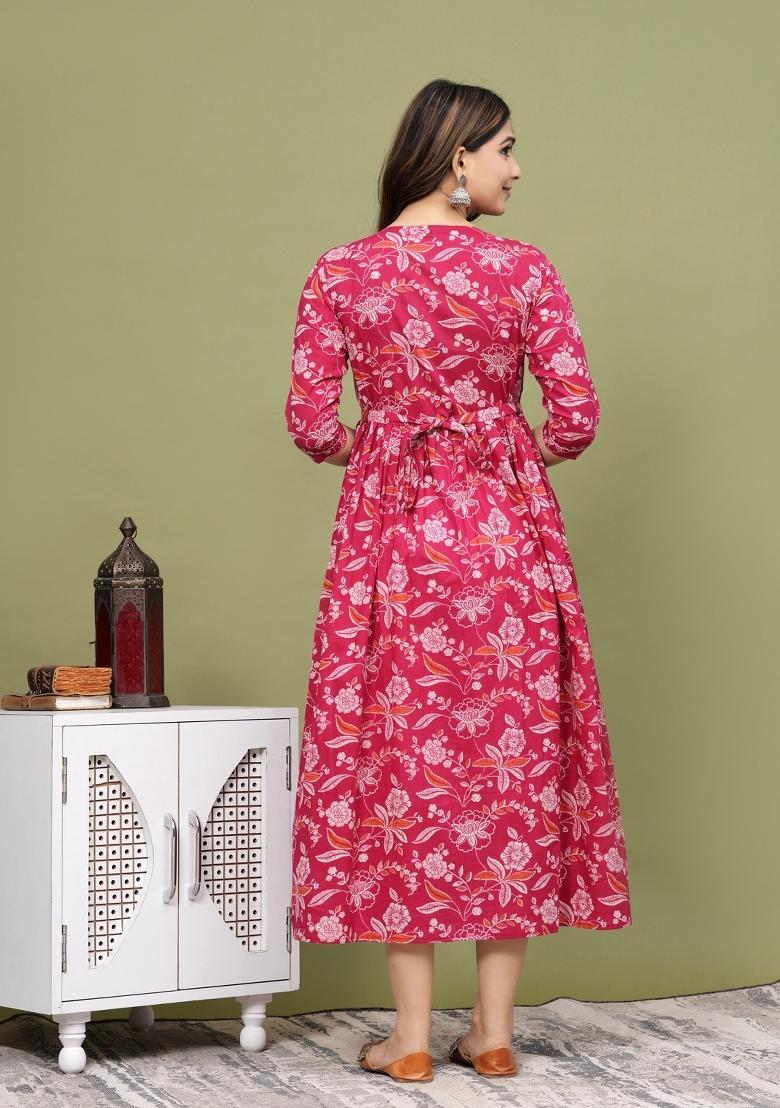 Pink Printed Cotton Maternity Maxi Dress - Indya