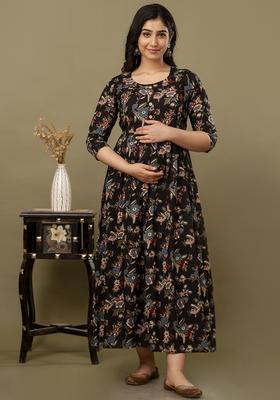 Black Printed Cotton Maternity Maxi Dress