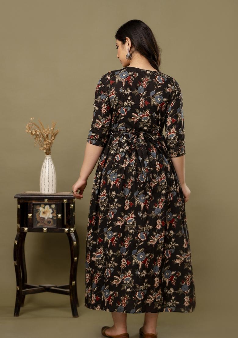 Black Printed Cotton Maternity Maxi Dress - Indya