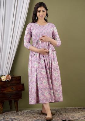 Light Pink Printed Cotton Maternity Maxi Dress