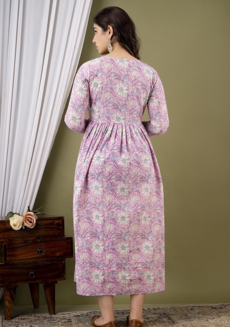 Light Pink Printed Cotton Maternity Maxi Dress - Indya