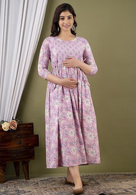 Light Pink Printed Cotton Maternity Maxi Dress