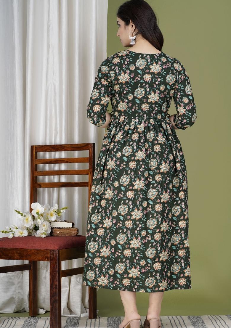 Black Printed Cotton Maternity Maxi Dress - Indya