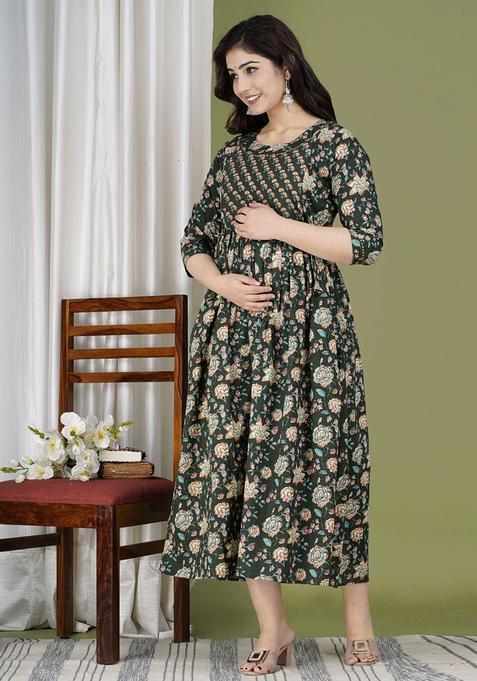 Black Printed Cotton Maternity Maxi Dress