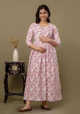 Peach Printed Cotton Maternity Maxi Dress