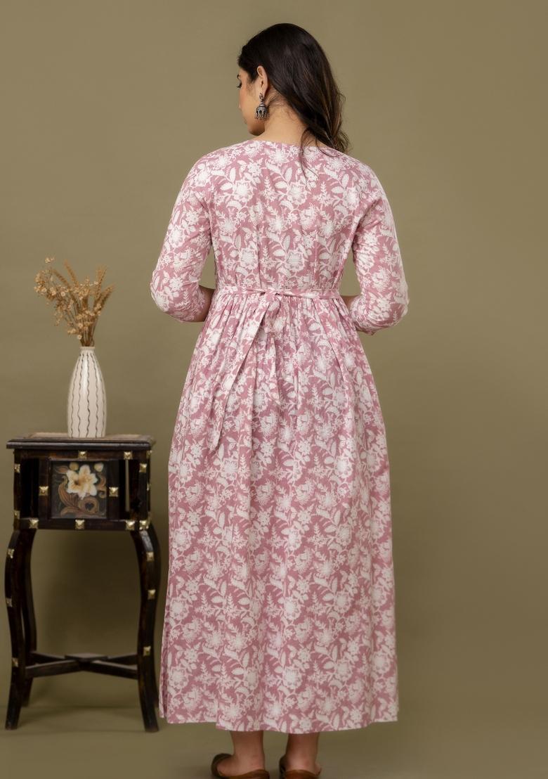 Peach Printed Cotton Maternity Maxi Dress - Indya