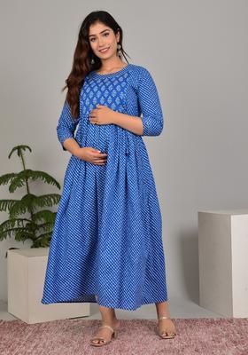 Blue Printed Cotton Maternity Maxi Dress