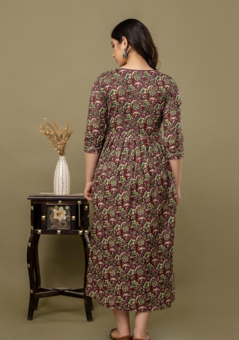 Maroon Printed Cotton Maternity Maxi Dress - Indya