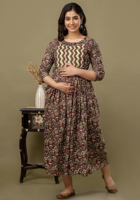 Maroon Printed Cotton Maternity Maxi Dress