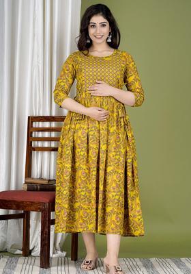 Yellow Printed Cotton Maternity Maxi Dress