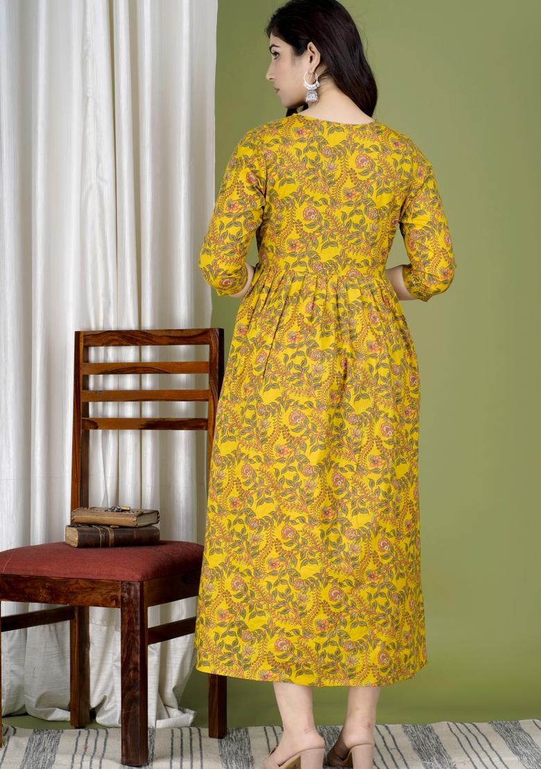 Yellow Printed Cotton Maternity Maxi Dress - Indya