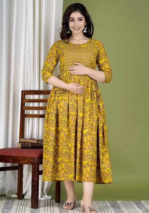 Yellow Printed Cotton Maternity Maxi Dress