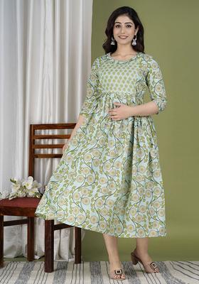 Green Printed Cotton Maternity Maxi Dress