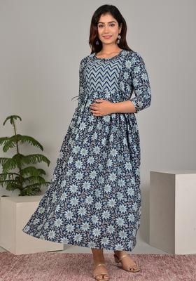 Blue Printed Cotton Maternity Maxi Dress