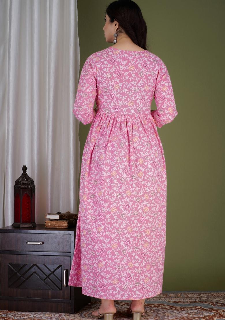 Pink Printed Cotton Maternity Maxi Dress - Indya