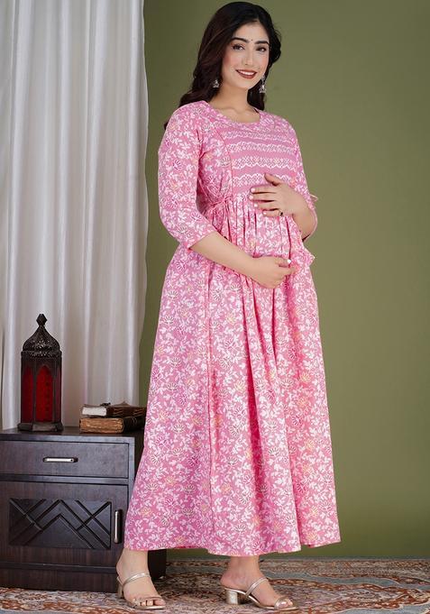 Pink Printed Cotton Maternity Maxi Dress