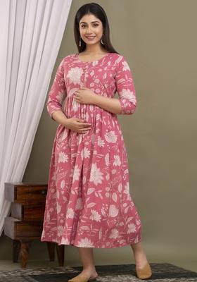 Pink Printed Cotton Maternity Maxi Dress
