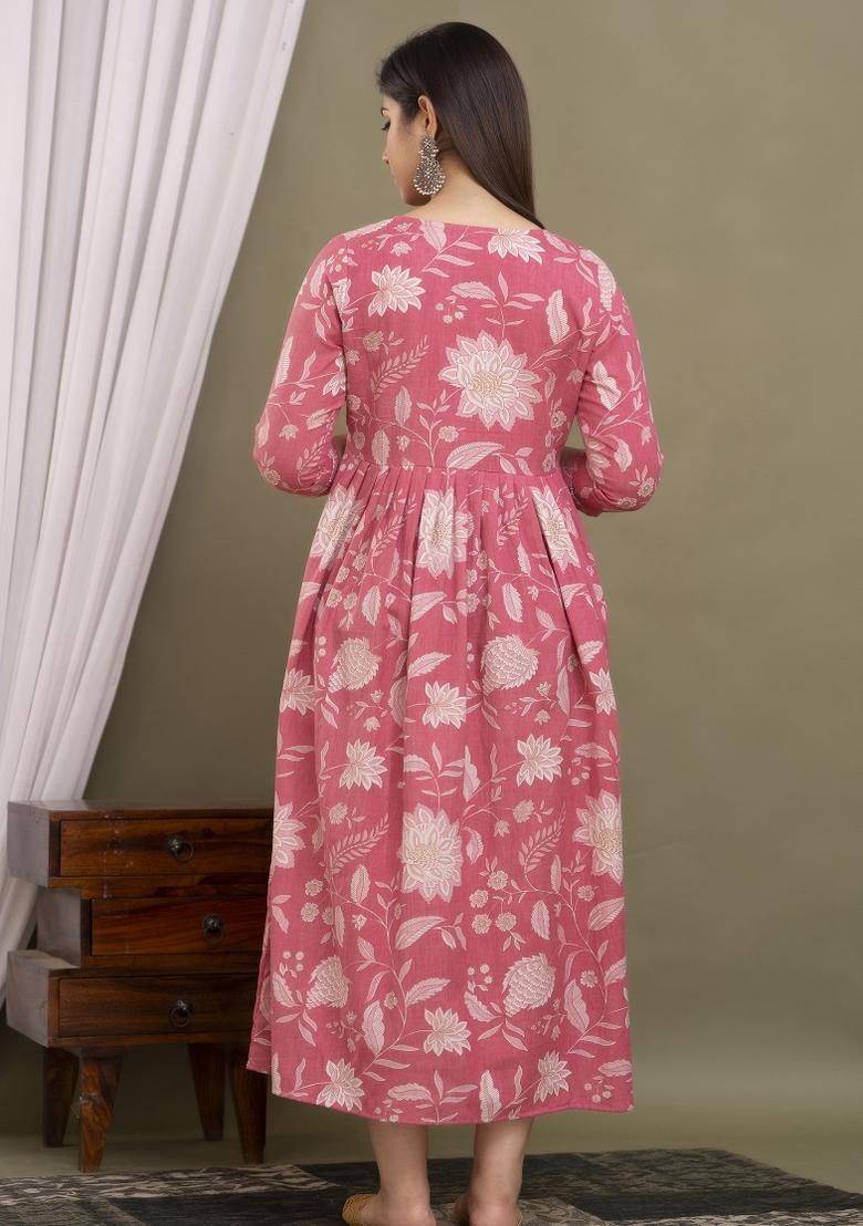 Pink Printed Cotton Maternity Maxi Dress - Indya