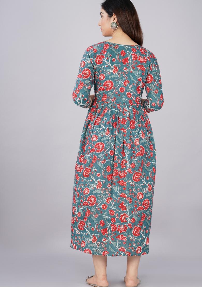 Blue Printed Cotton Maternity Maxi Dress - Indya