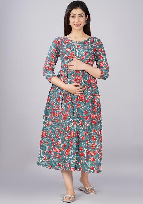Blue Printed Cotton Maternity Maxi Dress