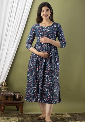 Blue Printed Cotton Maternity Maxi Dress