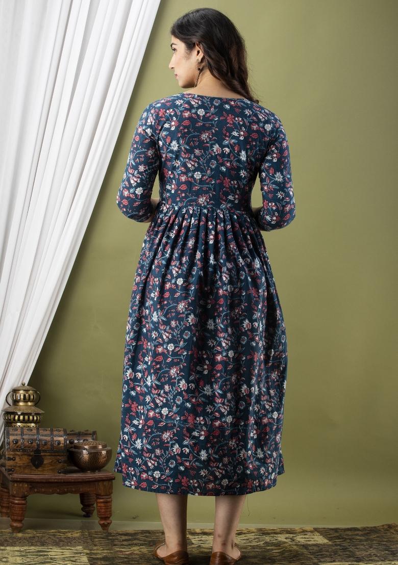 Blue Printed Cotton Maternity Maxi Dress - Indya