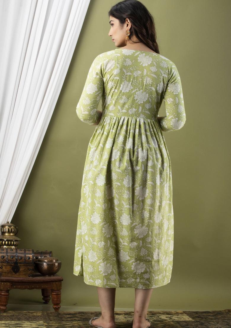 Green Printed Cotton Maternity Maxi Dress - Indya