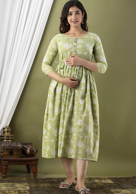 Green Printed Cotton Maternity Maxi Dress