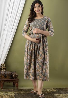 Grey Printed Cotton Maternity Maxi Dress