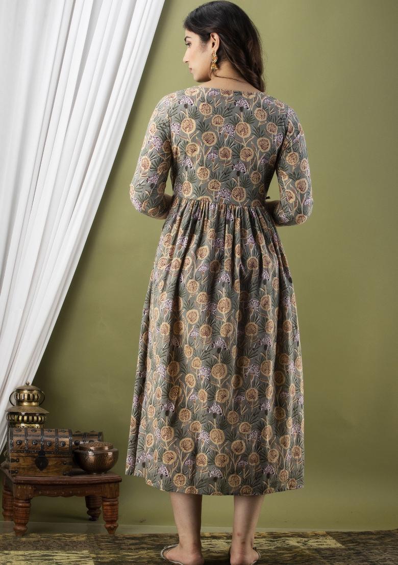 Grey Printed Cotton Maternity Maxi Dress - Indya