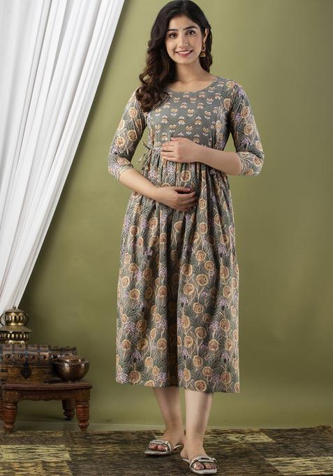 Grey Printed Cotton Maternity Maxi Dress