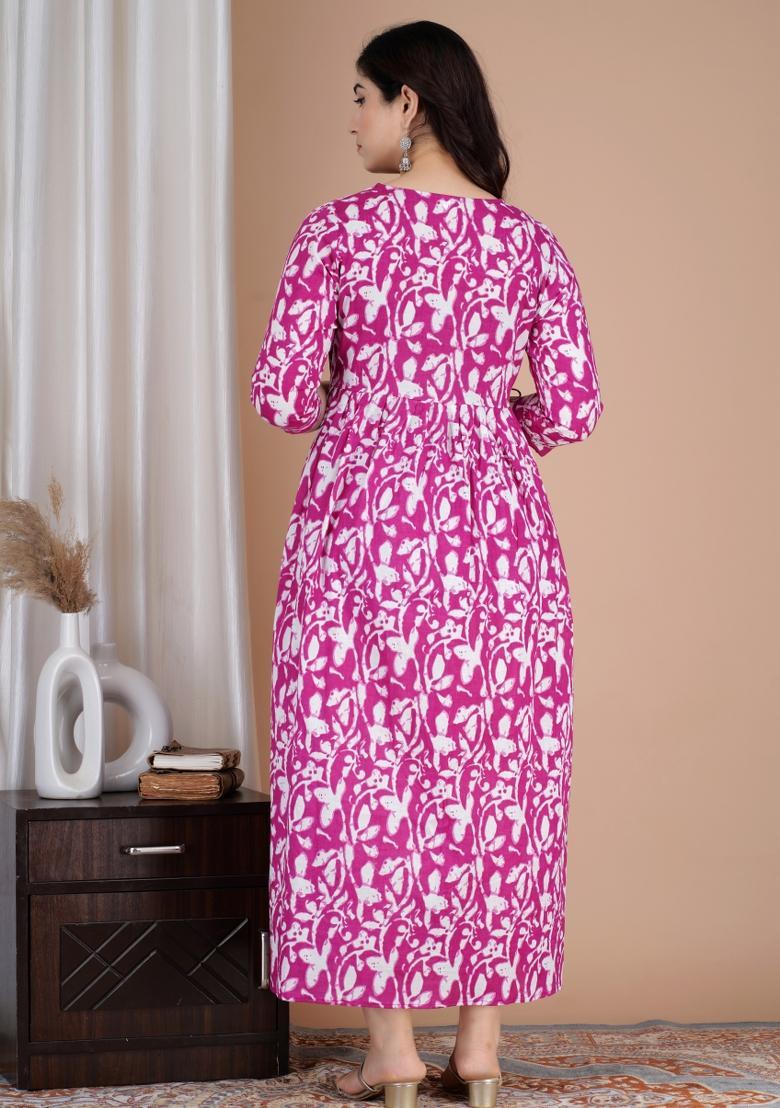 Pink Printed Cotton Maternity Maxi Dress - Indya