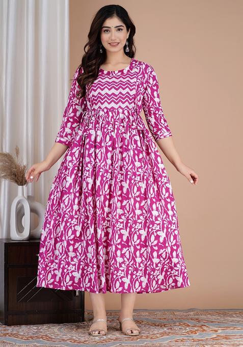 Pink Printed Cotton Maternity Maxi Dress