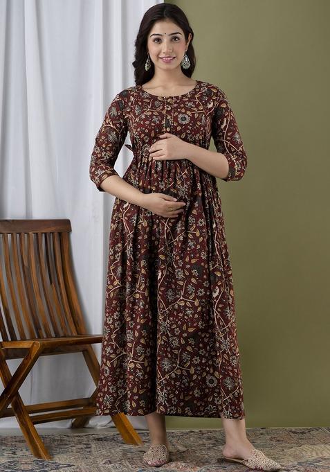 Brown Printed Cotton Maternity Maxi Dress