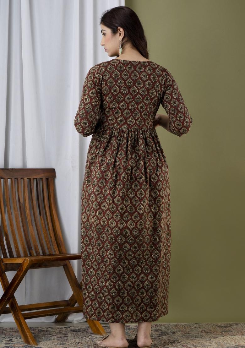 Brown Printed Cotton Maternity Maxi Dress - Indya