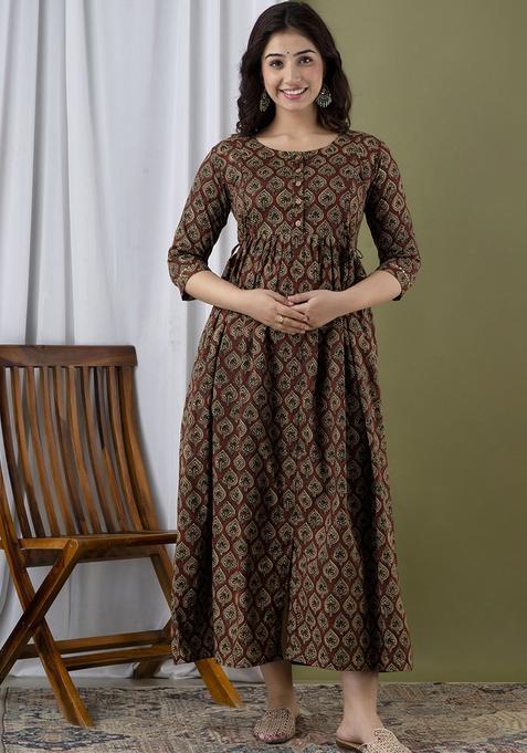 Brown Printed Cotton Maternity Maxi Dress